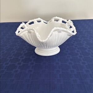 Westmoreland dish, white milk, glass, scalloped lacy edge no chips H 3.5 Di 8 in